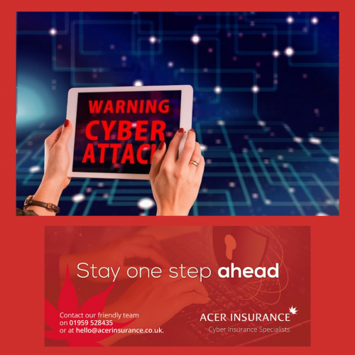 Woman holding a tablet with a cyber attack warning. Text below saying "Stay one step ahead"