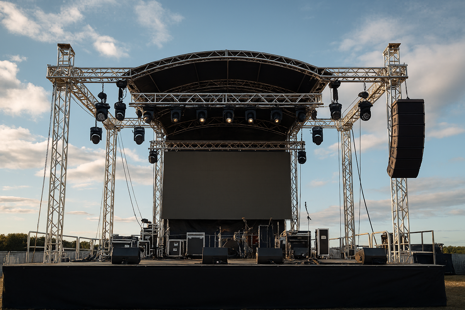 Outdoor event stage with truss structure, lighting rig and PA speaker system set up for live production