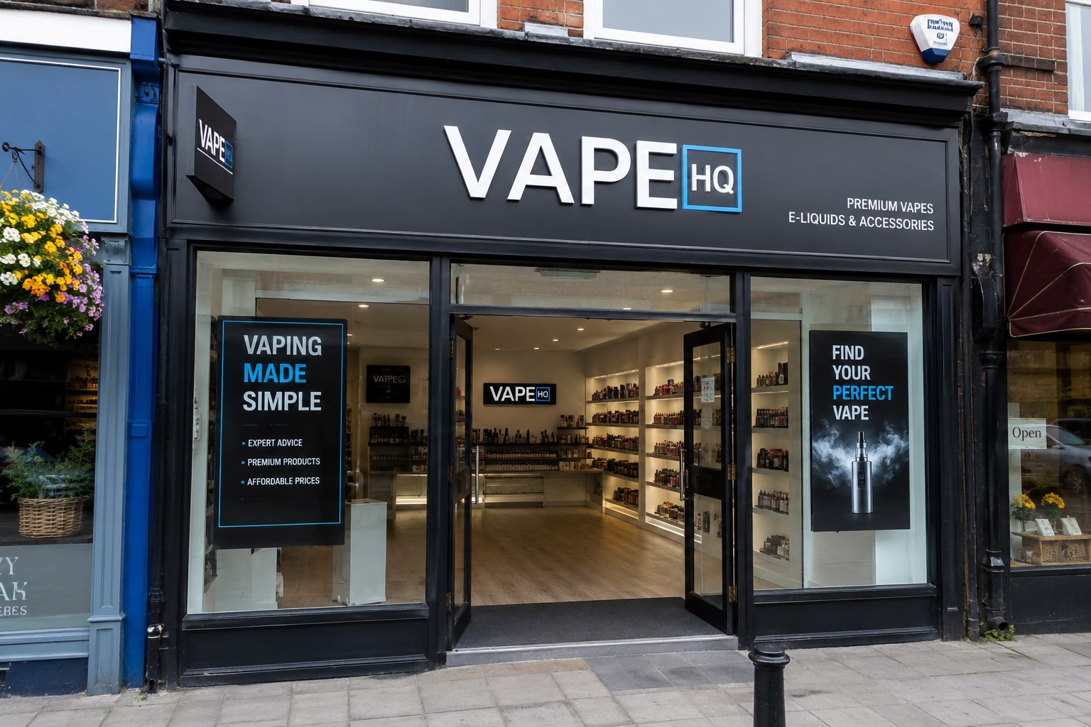 Vape shop on a UK high street displaying vape devices, e-liquids and accessories, illustrating the risks and insurance needs of modern vape retailers.
