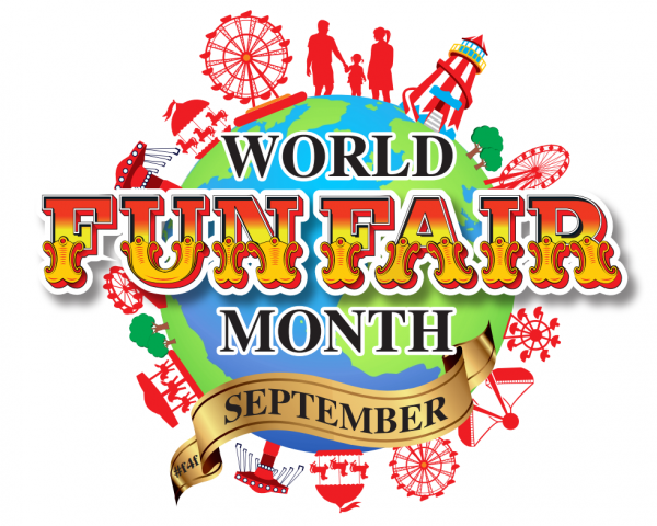 Globe with different funfair rides, Writes "World Funfair Month #f4f September"